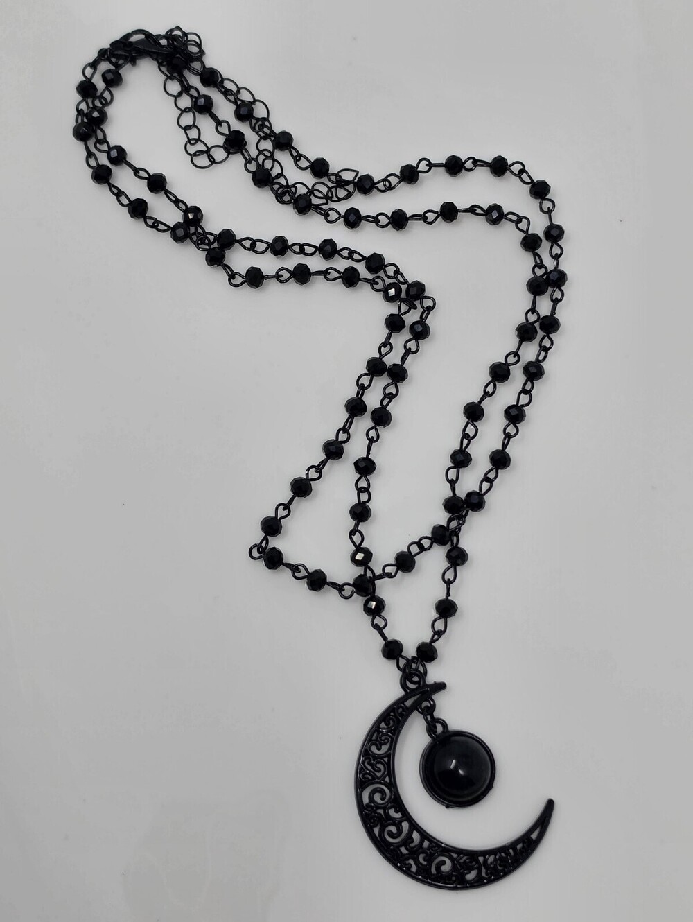 Black Moon Pendant Necklace with Beaded Chain